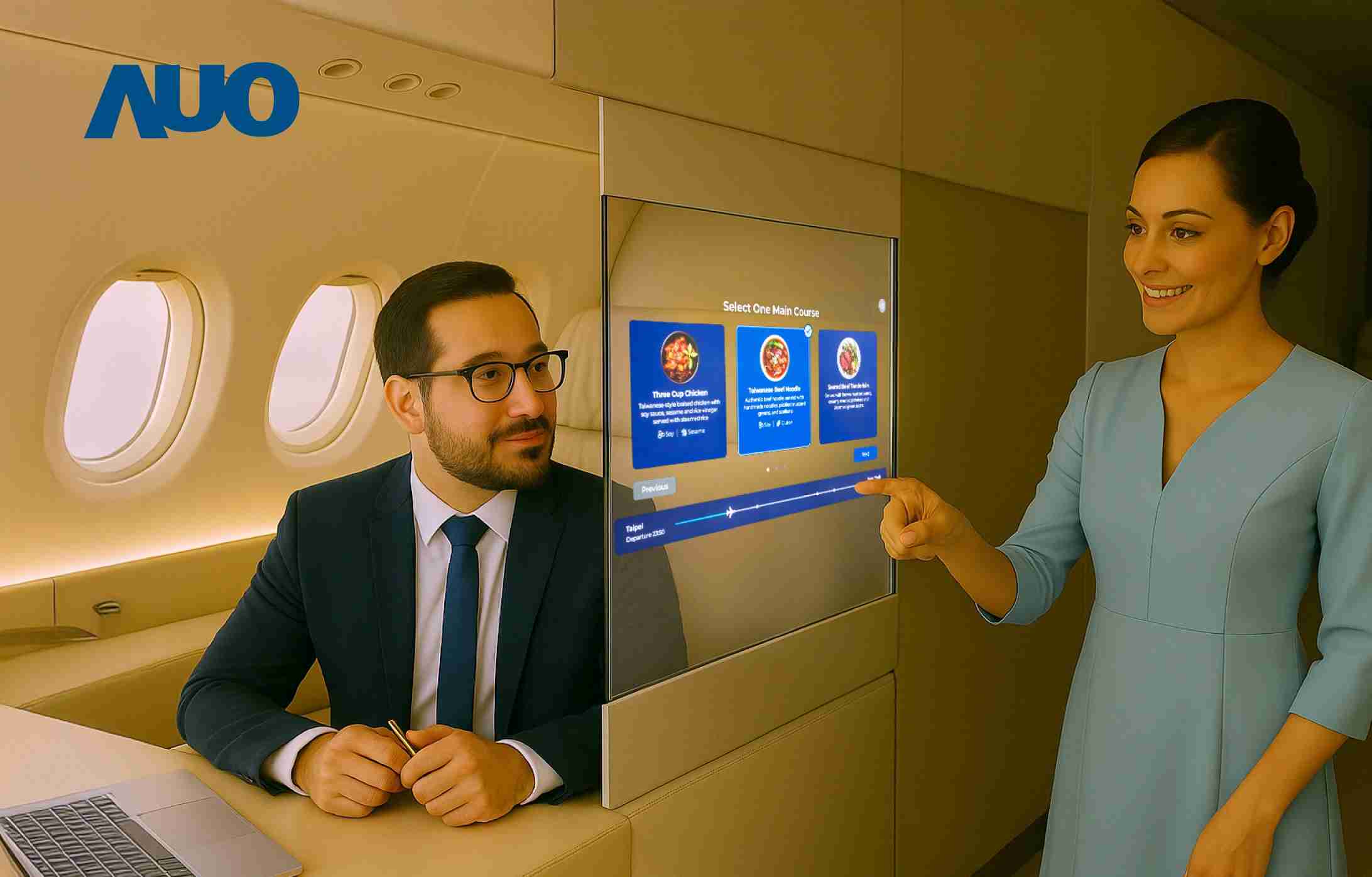 龙门国际研发全球最薄17.3 吋双面透明 Micro LED 显示器，，，，可在同一屏幕之双边投射不同信息，，，创造独特的”透明化”互动；图为实时翻译交流应用情境